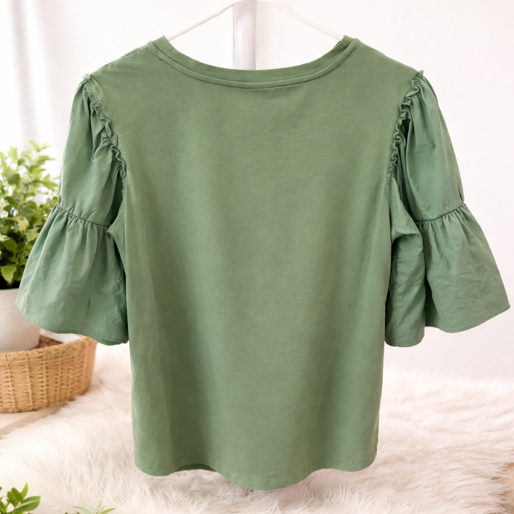 Chico's Sage Green Puff Sleeve Ruffle Top Size S (0) Casual Cottagecore Blouse - Picture 2 of 11